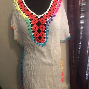 NWOT rainbow Pom Pom and crochet coverup